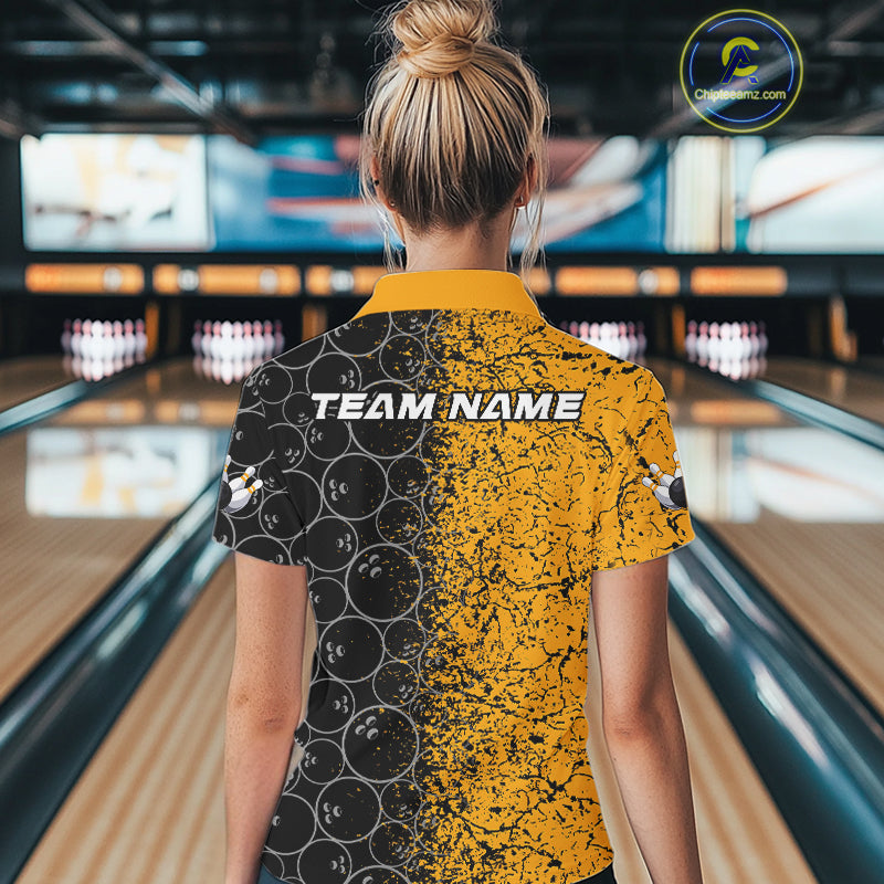 Custom Black And Yellow Splatter Bowling Ball Pattern Bowling Team Polo Shirts For Women IPHW9788