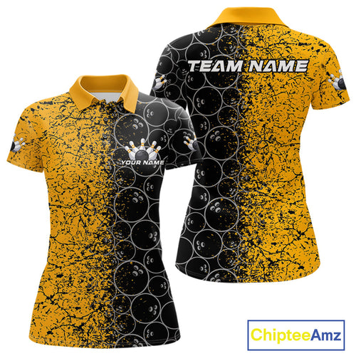 Custom Black And Yellow Splatter Bowling Ball Pattern Bowling Team Polo Shirts For Women IPHW9788