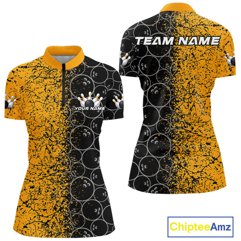 Custom Black And Yellow Bowling Ball Pattern Bowling Team Women Quarter-Zip Shirts IPHW9788