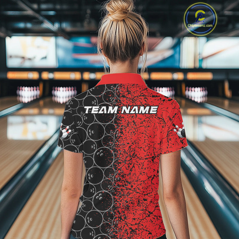 Custom Black And Red Splatter Bowling Ball Pattern Bowling Team Polo Shirts For Women IPHW9790