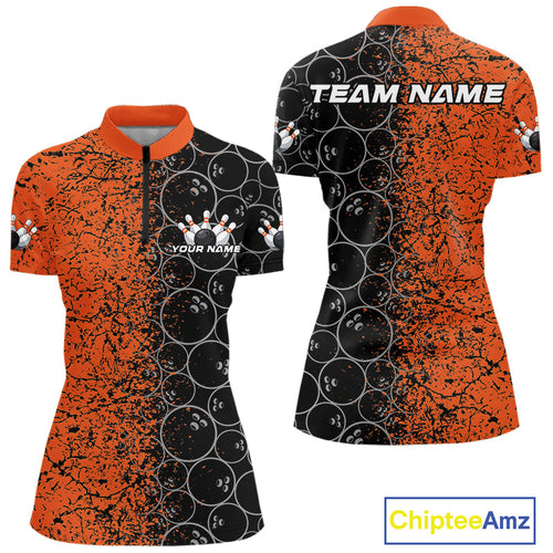 Custom Black And Orange Bowling Ball Pattern Bowling Team Women Quarter-Zip Shirts IPHW9791