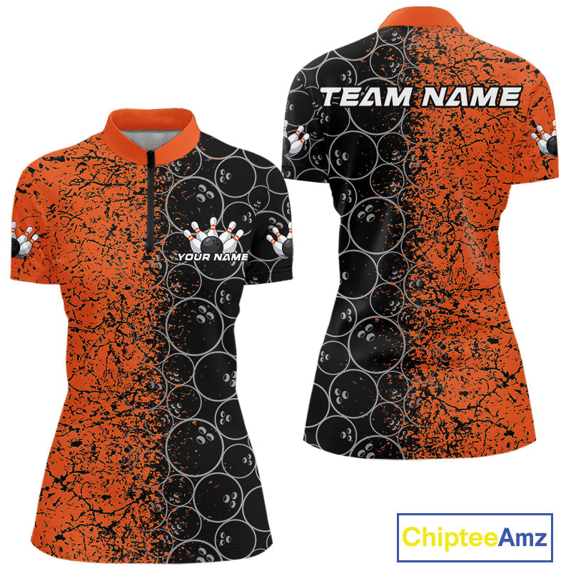 Custom Black And Orange Bowling Ball Pattern Bowling Team Women Quarter-Zip Shirts IPHW9791