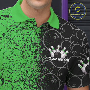 Custom Black And Green Splatter Bowling Ball Pattern Bowling Team Polo Shirts For Men IPHW9792