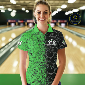 Custom Black And Green Splatter Bowling Ball Pattern Bowling Team Polo Shirts For Women IPHW9792