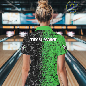 Custom Black And Green Splatter Bowling Ball Pattern Bowling Team Polo Shirts For Women IPHW9792