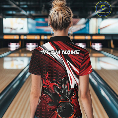 Custom Red Flame Bowling Jerseys For Women, Hexagon Bowling Team Tournament Shirt IPHW10556