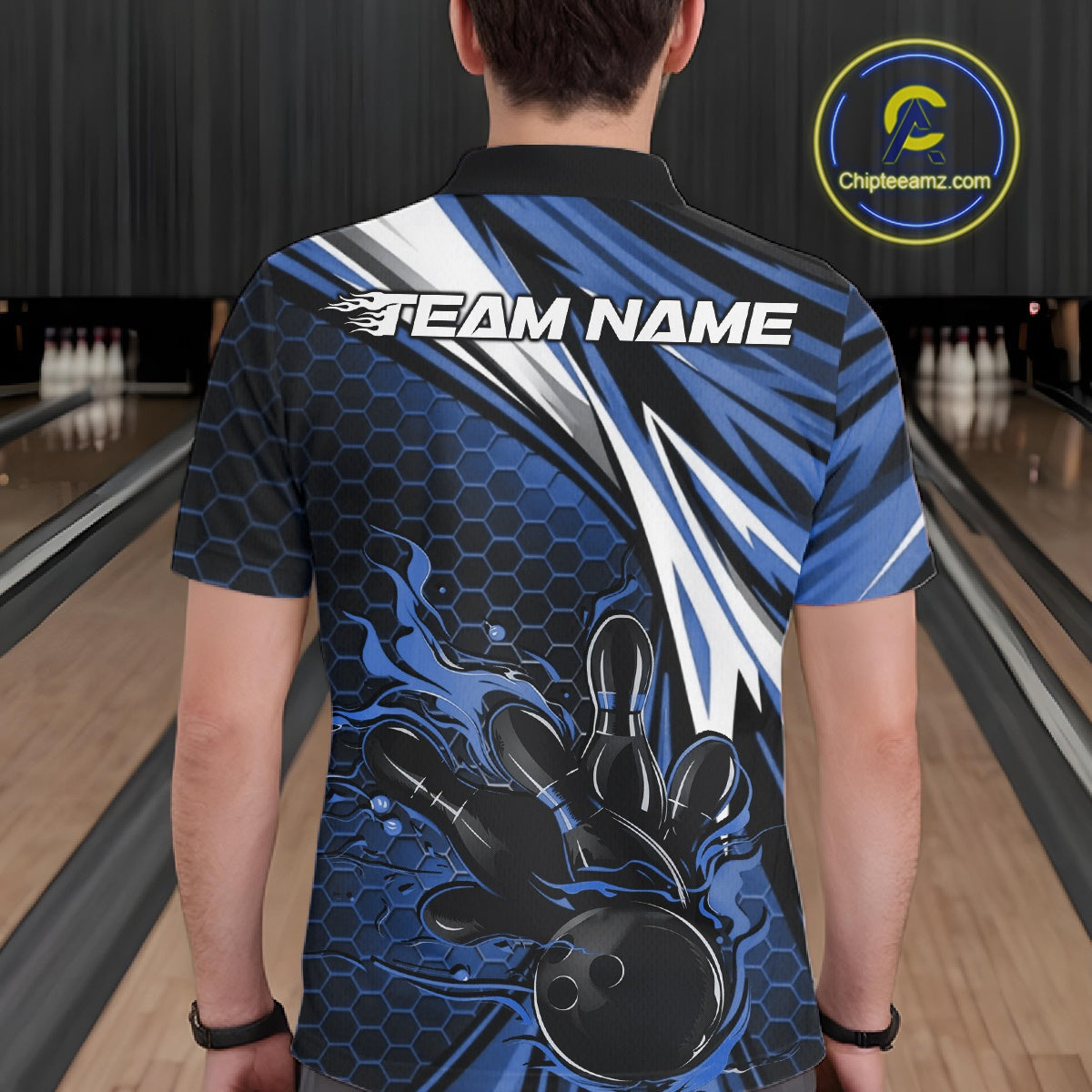 Custom Blue Flame Bowling Jerseys For Men, Hexagon Bowling Team Tournament Shirt IPHW10557