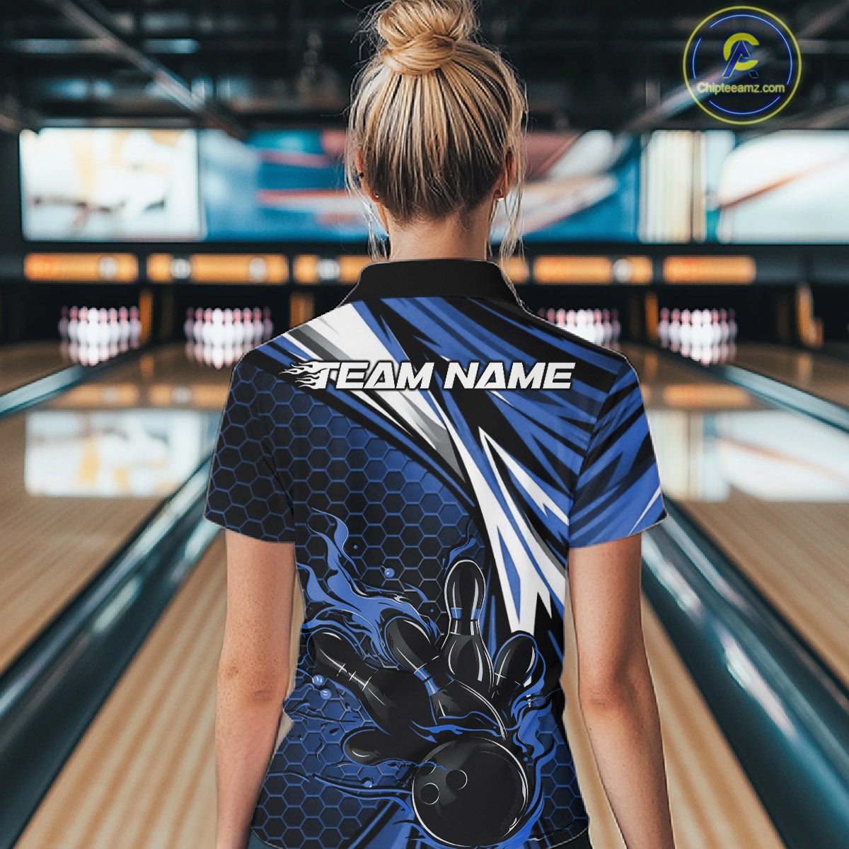Custom Blue Flame Bowling Jerseys For Women, Hexagon Bowling Team Tournament Shirt IPHW10557