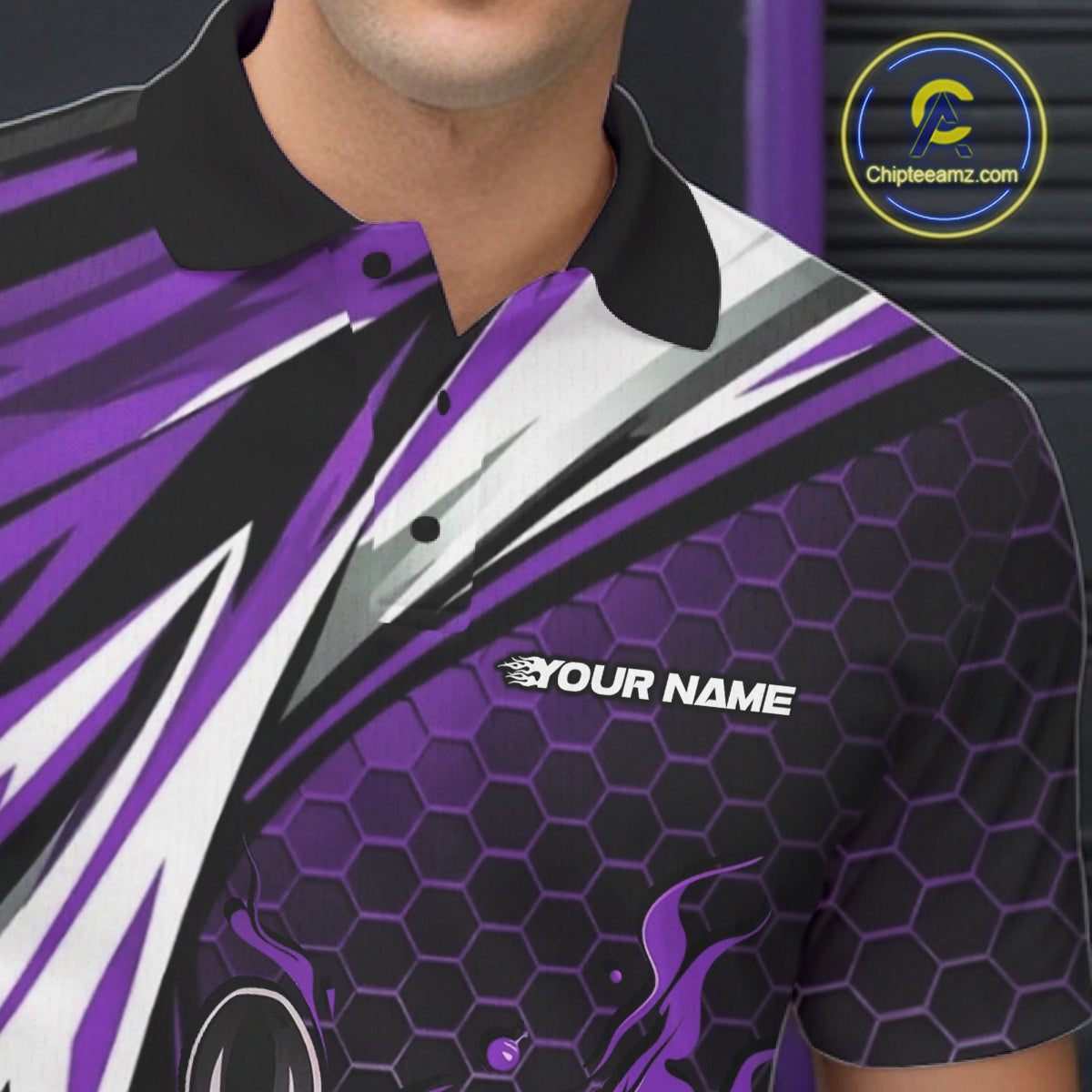 Custom Purple Flame Bowling Jerseys For Men, Hexagon Bowling Team Tournament Shirt IPHW10559