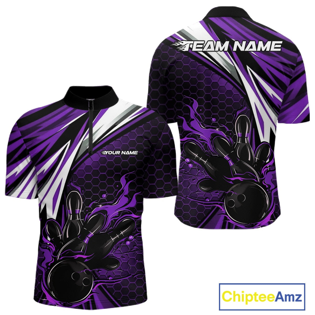 Custom Purple Flame Bowling Jerseys For Men, Hexagon Bowling Team Tournament Shirt IPHW10559