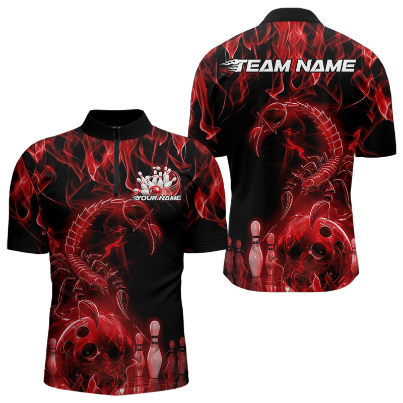 Custom Black And Red Flame Scorpio Zodiac Bowling Men Quarter-Zip Shirts, Scorpion Bowler Outfit IPHW8973