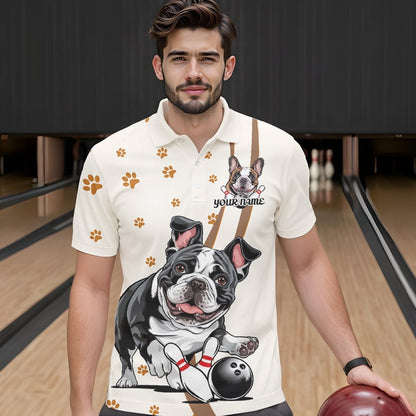 Custom Funny French Bulldog Bowling Men Polo Shirts, Dog Paw Print Bowler Outfit IPHW8975