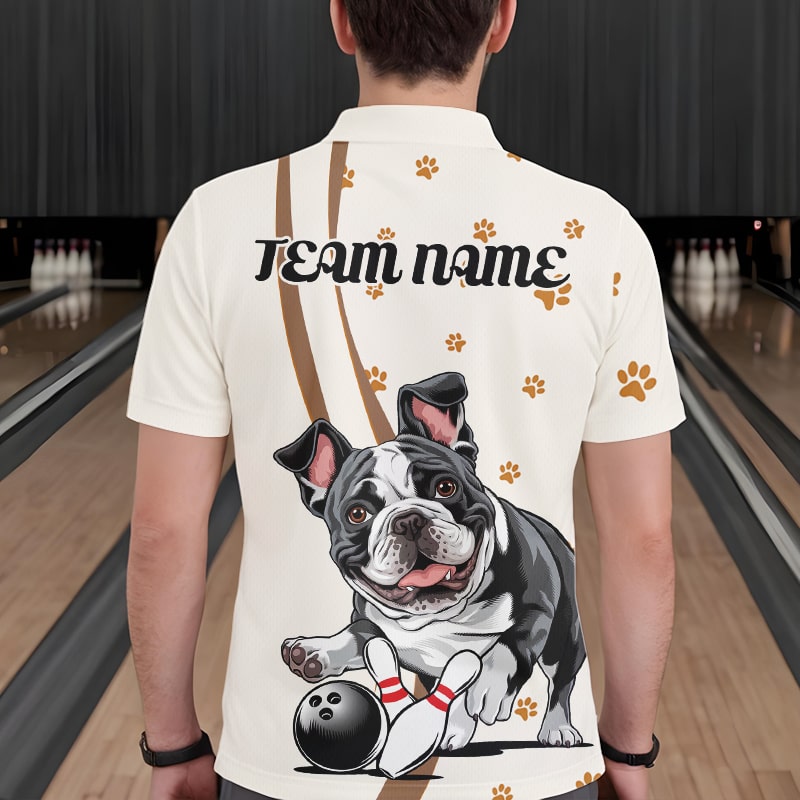 Custom Funny French Bulldog Bowling Men Polo Shirts, Dog Paw Print Bowler Outfit IPHW8975