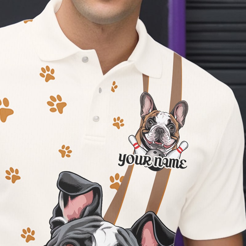 Custom Funny French Bulldog Bowling Men Polo Shirts, Dog Paw Print Bowler Outfit IPHW8975