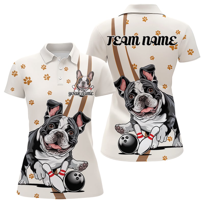Custom Funny French Bulldog Bowling Women Polo Shirts, Dog Paw Print Bowler Outfit IPHW8975