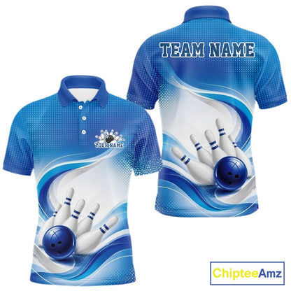 Front and back mockup of a mens white and blue bowling polo shirt featuring wave-style graphics and bowling action imagery