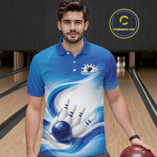 Load image into Gallery viewer, White and blue bowling polo shirt modeled by a male bowler, featuring sweeping wave graphics and a bowling ball crashing into pins
