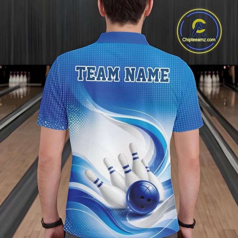 Back view of a male model wearing a white and blue bowling polo shirt featuring flowing wave artwork and a bowling ball striking pins in a bowling alley