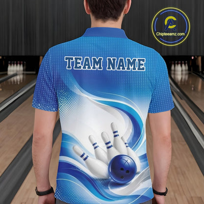 Back view of a male model wearing a white and blue bowling polo shirt featuring flowing wave artwork and a bowling ball striking pins in a bowling alley