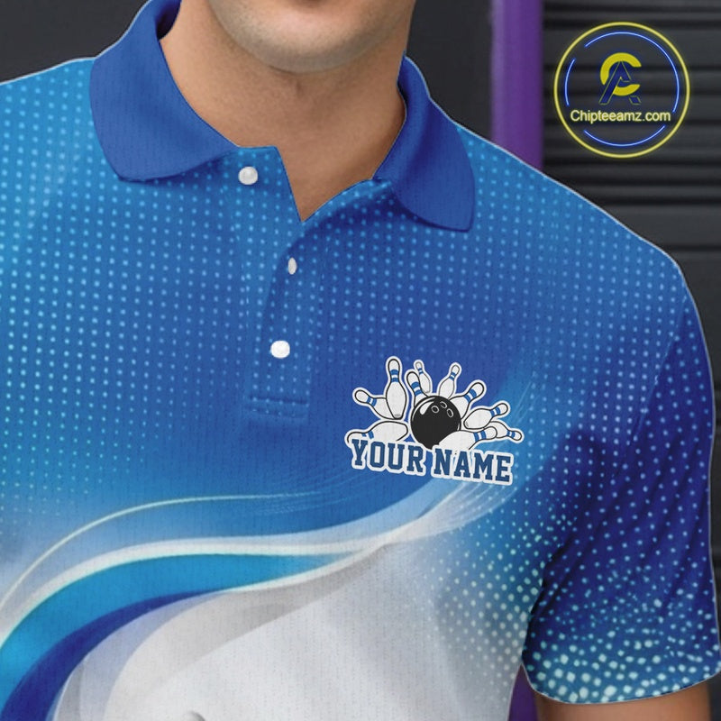 Detailed left chest view of a white and blue bowling polo shirt featuring abstract wave motifs and a glossy bowling action graphic