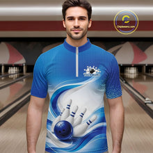 Load image into Gallery viewer, White and blue bowling quarter-zip shirt on a male model, featuring elegant wave accents and a bowling ball striking the pins