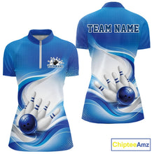 Load image into Gallery viewer, Front and back view of a womens white and blue bowling quarter-zip mockup with abstract wave artwork and bowling-inspired details