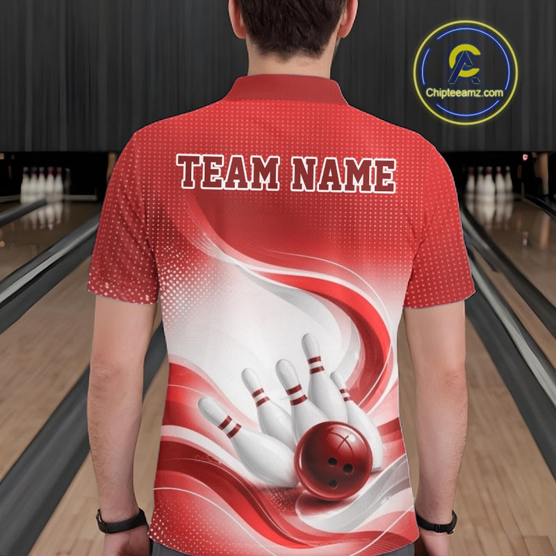 Back view of a male model wearing a white and red bowling polo shirt with elegant wave graphics and bowling pin artwork