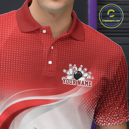 Close-up of the left chest area on a white and red bowling polo shirt featuring flowing line designs and bowling pin imagery