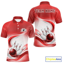 Load image into Gallery viewer, Front and back mockup of a mens white and red bowling polo shirt showcasing dynamic wave designs and a glossy bowling scene