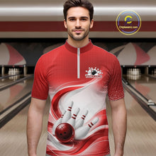 Load image into Gallery viewer, White and red bowling quarter-zip worn by a male model, featuring sweeping wave accents and a glossy bowling scene