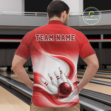 Load image into Gallery viewer, Front view of a male model wearing a white and red bowling quarter-zip shirt with flowing abstract patterns and a bowling ball hitting the pins