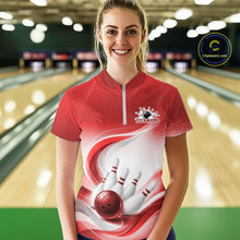 Load image into Gallery viewer, Female model at the bowling lane wearing a white and red bowling quarter-zip shirt with fluid wave graphics and bowling-inspired artwork