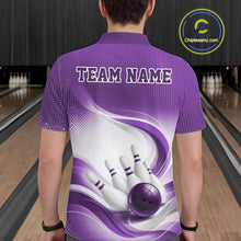 Load image into Gallery viewer, Back view of a male model in a white and purple bowling polo shirt featuring elegant wave artwork and bowling-themed imagery