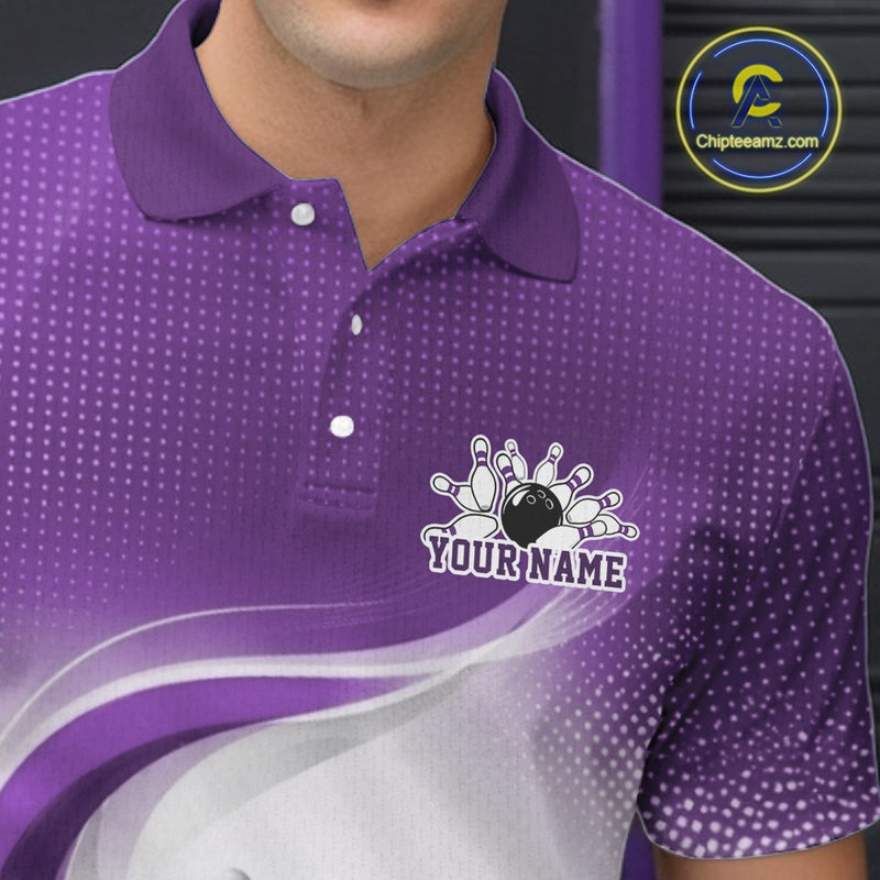 Close-up of the left chest on a white and purple bowling polo shirt showcasing fluid wave accents and a bowling strike illustration