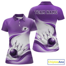 Load image into Gallery viewer, Front and back mockup of a womens white and purple bowling polo shirt with sweeping wave artwork and a glossy bowling ball illustration