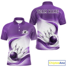 Load image into Gallery viewer, Mens white and purple bowling polo shirt mockup displayed from front and back with sweeping wave patterns and bowling-inspired graphics