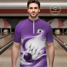 Load image into Gallery viewer, Male model wearing a white and purple bowling quarter-zip shirt featuring flowing abstract artwork and a bowling ball knocking down pins