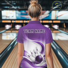 Load image into Gallery viewer, Back view of a female model in a white and purple bowling quarter-zip featuring elegant wave artwork and a dynamic bowling scene