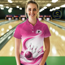 Load image into Gallery viewer, Front view of a female model wearing a white and pink bowling polo shirt with graceful wave patterns and a glossy bowling illustration