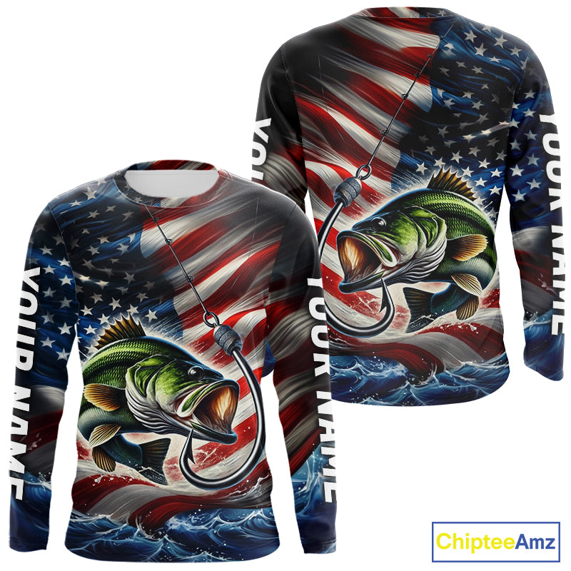 Custom Patriotic Largemouth Bass Long Sleeve Fishing Shirts, US Flag Fish Hook Bass Jerseys IPHW9207
