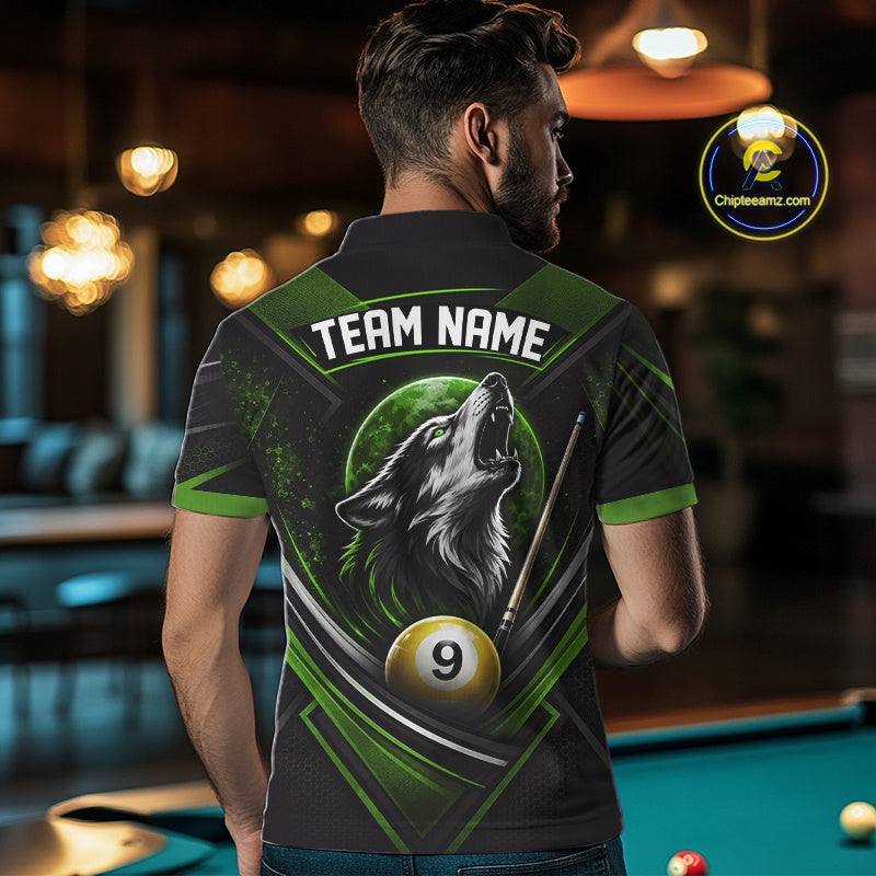Custom Black And Green Wolf 9 Ball Billiards Men Polo Shirt, Billiards Team Jersey IPHW11674