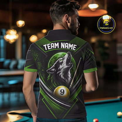 Custom Black And Green Wolf 9 Ball Billiards Men Polo Shirt, Billiards Team Jersey IPHW11674