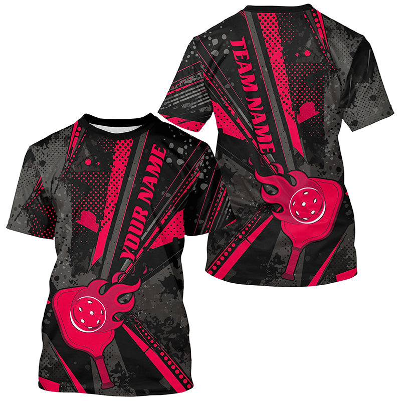 Black And Red Custom Flame Pickleball T-Shirts For Men, Pickleball Jerseys Pickleballer Outfit IPHW7774