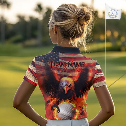Custom Patriotic Eagle We The People Flame Golf Shirt For Women, Vintage US Flag Golf Shirt IPHW10599