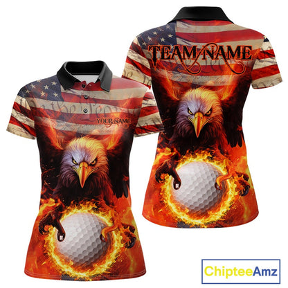 Custom Patriotic Eagle We The People Flame Golf Shirt For Women, Vintage US Flag Golf Shirt IPHW10599