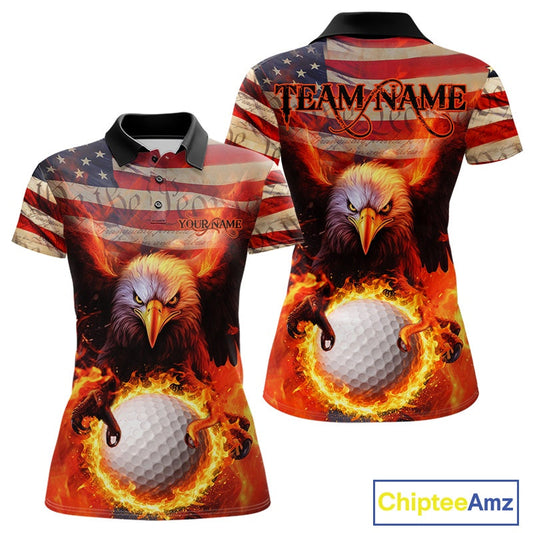 Custom Patriotic Eagle We The People Flame Golf Shirt For Women, Vintage US Flag Golf Shirt IPHW10599