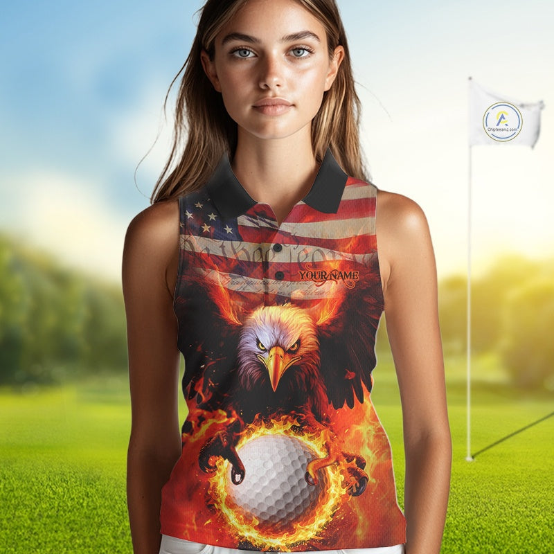 Custom Patriotic Eagle We The People Flame Golf Shirt For Women, Vintage US Flag Golf Shirt IPHW10599