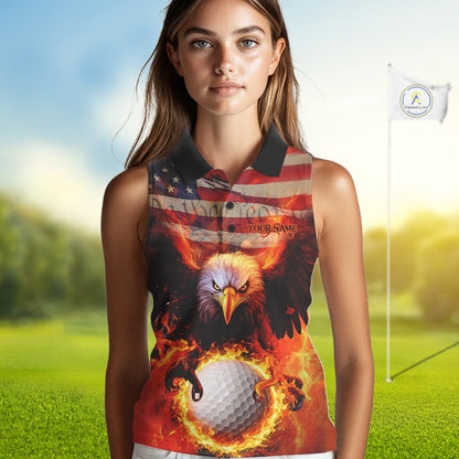 Custom Patriotic Eagle We The People Flame Golf Shirt For Women, Vintage US Flag Golf Shirt IPHW10599