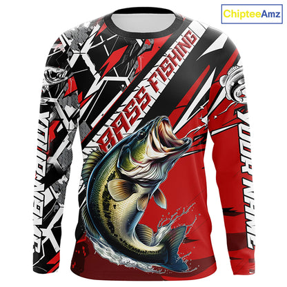 Black And Red Bass Long Sleeve Tournament Fishing Shirts, Custom Bass Fishing Jerseys IPHW6203