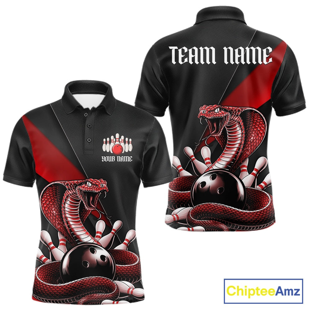 Front and back black mens bowling polo featuring a red cobra coiled around a bowling ball with scattered bowling pins.